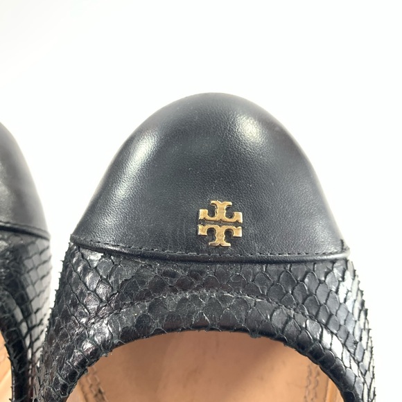 Tory Burch Sz 9 Black Cap Toe Leather Snake Skin Print Ballet Scrunch Back Flats - Picture 12 of 12